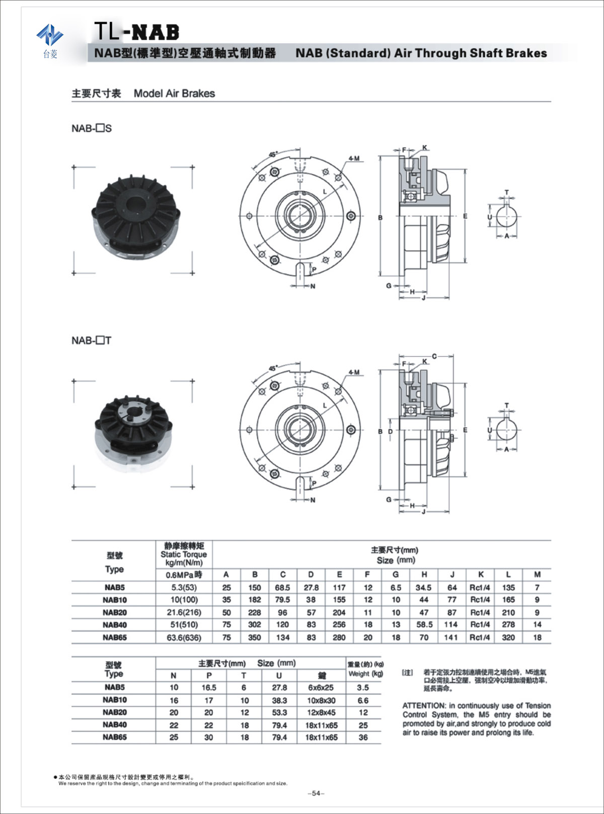 空壓通軸式制動器NAB標準型規(guī)格型號尺寸參數(shù)表