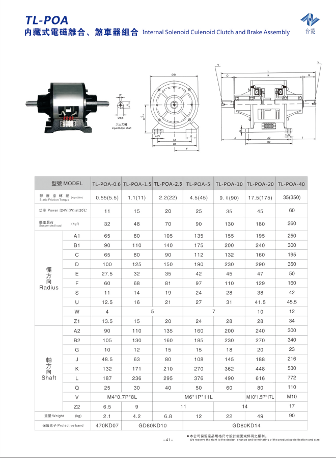 內(nèi)藏式電磁離合剎車(chē)器組TL-POA型的規(guī)格型號(hào)尺寸參數(shù)表